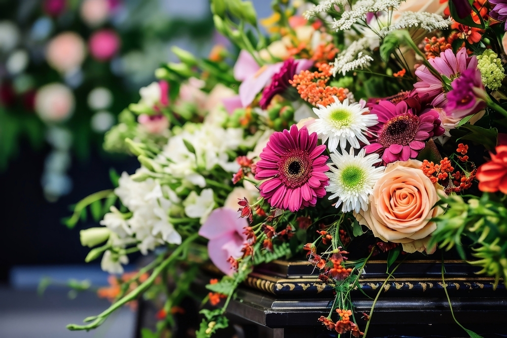 A,flower,arrangement,on,a,coffin,at,a,funeral