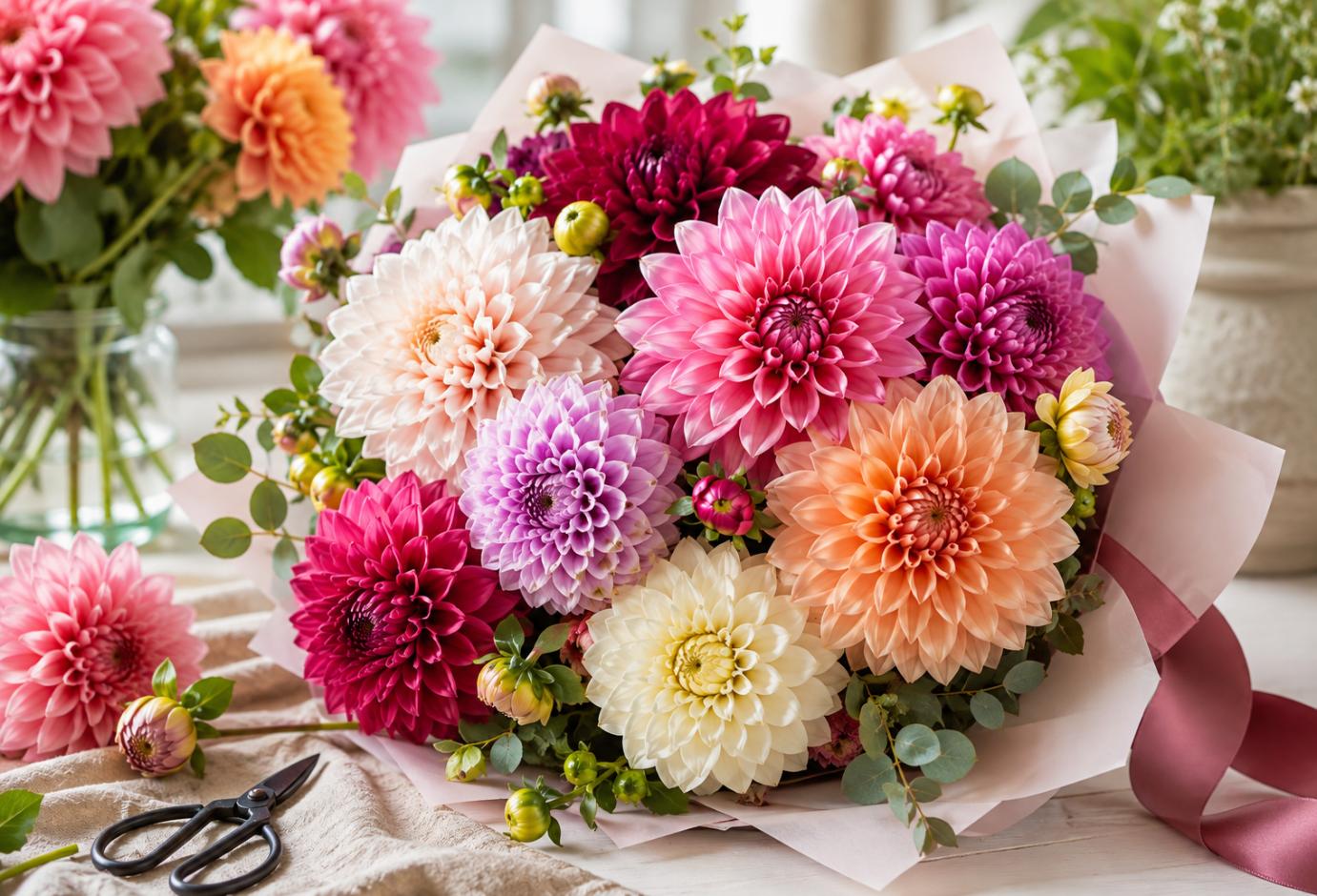 Vibrant Dahlia Bouquet On A Table